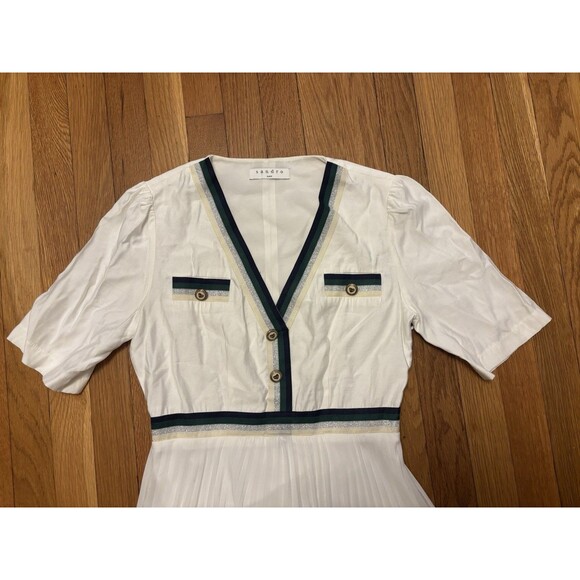 Sandro Paris Cruise Midi Dress Pleated Skirt A Line Button White Green Size 1 S - Picture 3 of 11